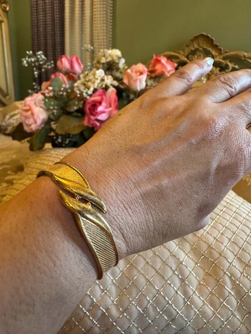 Gold-Tone Leaf Motif Open Cuff Bracelet